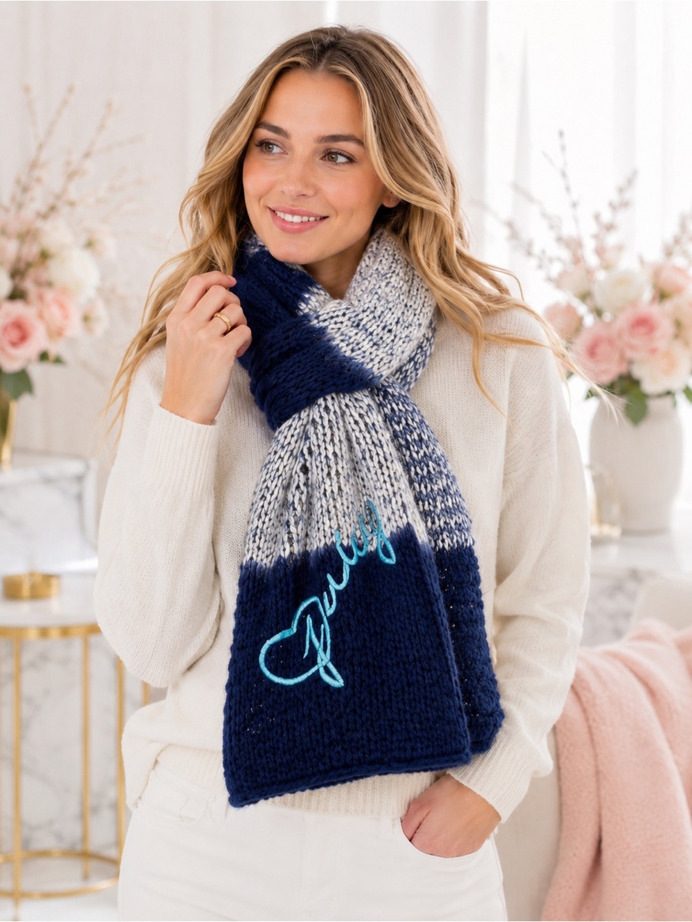 Juicy Couture Blue Knit Scarf | Cozy Embroidered Winter Muffler NWT